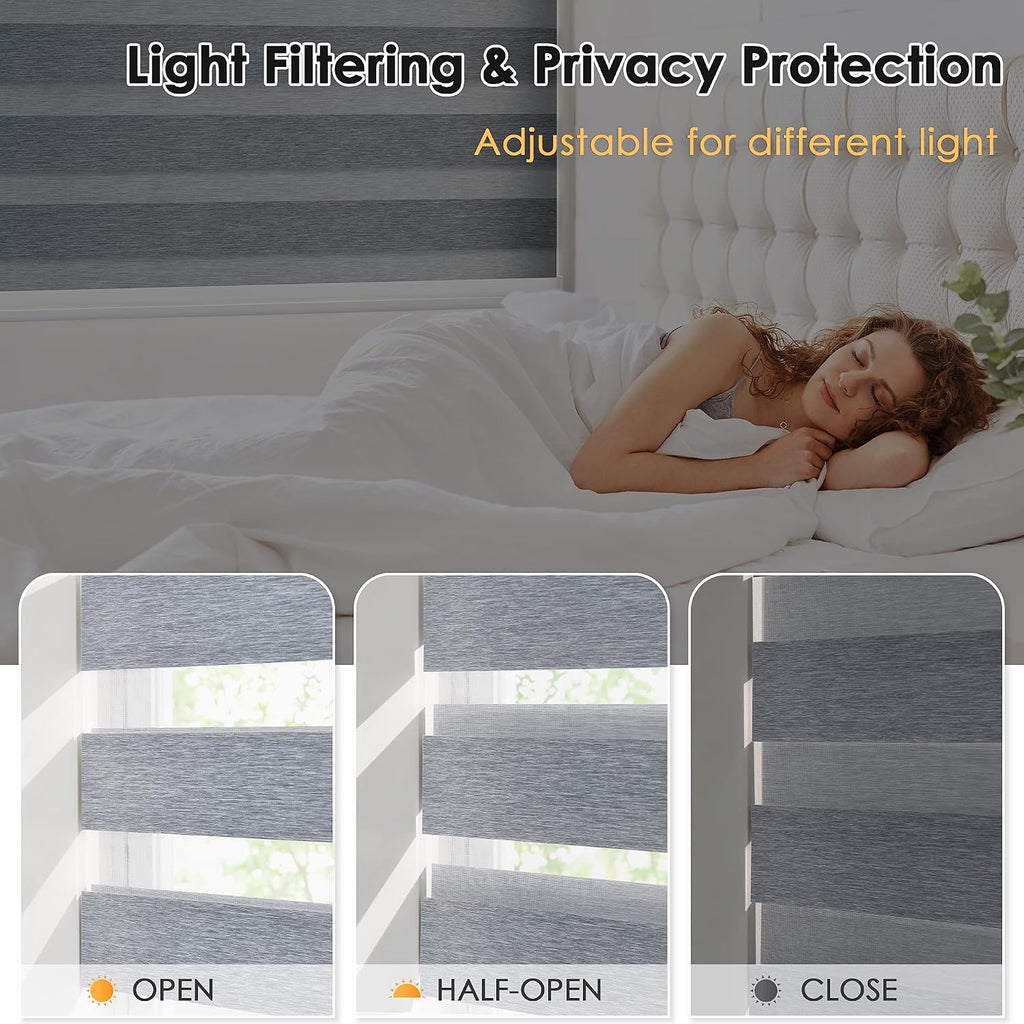 Cordless Zebra Blinds for Windows 64"x72", Grey - Linen | Free-Stop Roller Windows Shades with Cassette, Light