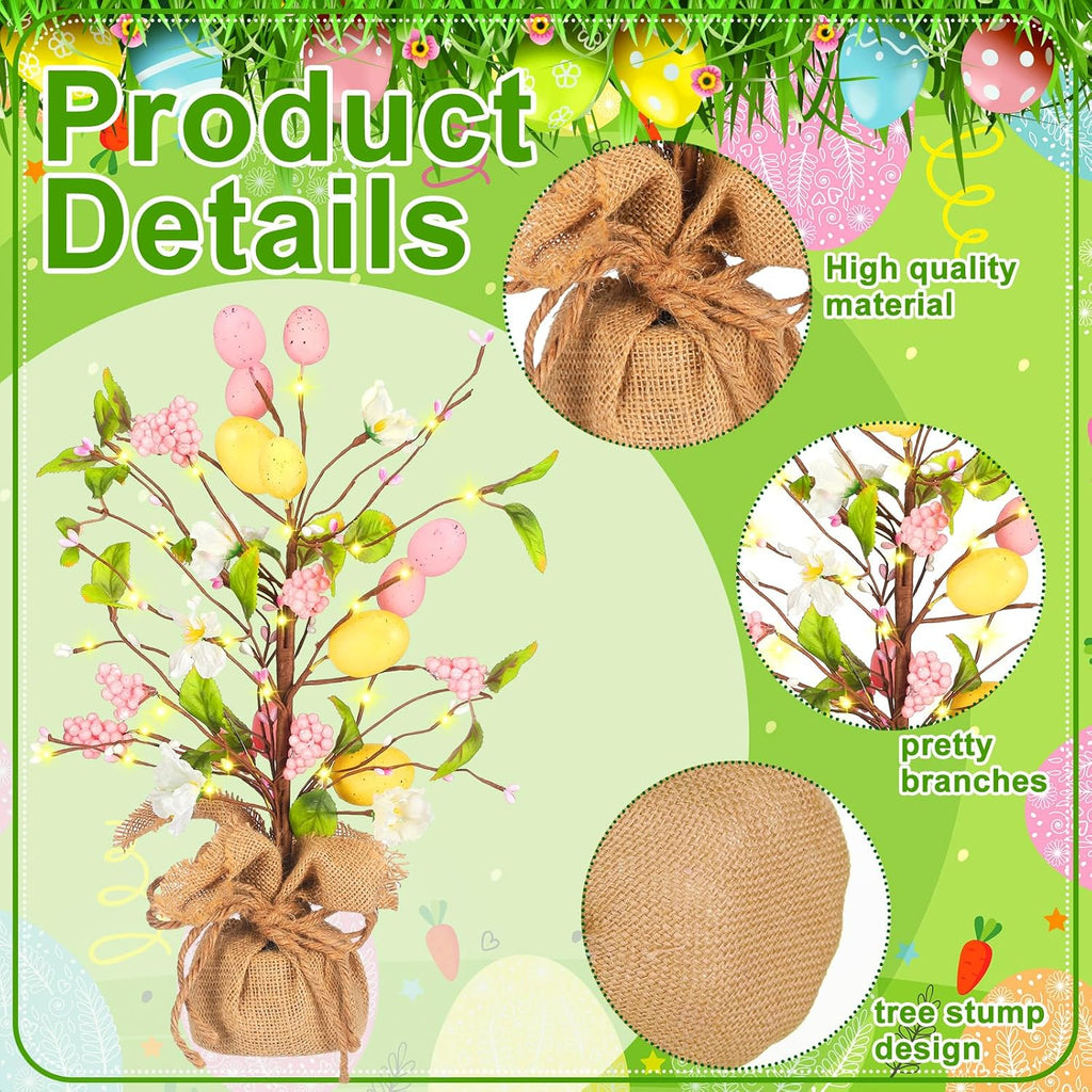 Easter Decorations 18 Inch Lighted Easter Egg Tree Tabletop Decor with LED Light Artificial Tree Decor - Set of 2