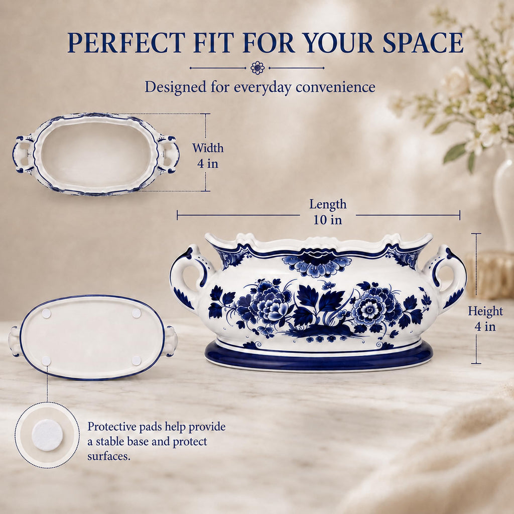 Blue and White Chinoiserie Planter Pot, Oval Ceramic Footbath Planter, Decorative Cachepot Bowl for Indoor Plants