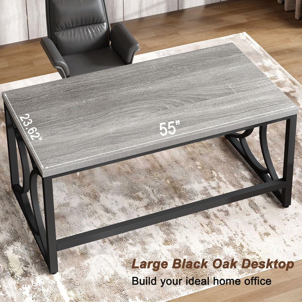 Gray Computer Desk, 55 Inch Metal Wooden Home Office Writing Desk