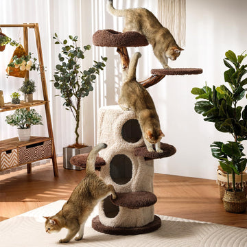 54.7'' Tall Modern Wood Cat Tree with 3 Level House, Luxury Cat Tower Decoration, Large Cat Condo for Multi-Cat
