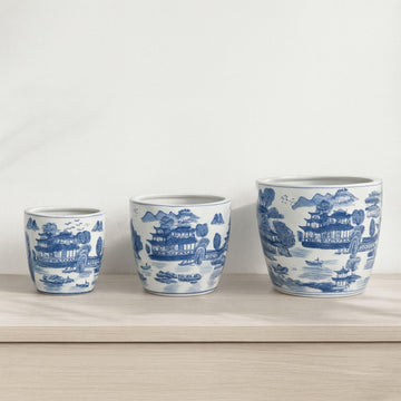 Set of 3 Stoneware Decorative Planter Pots with Drainage - Chinoiserie Style, Decorative Outdoor & Indoor Pots for