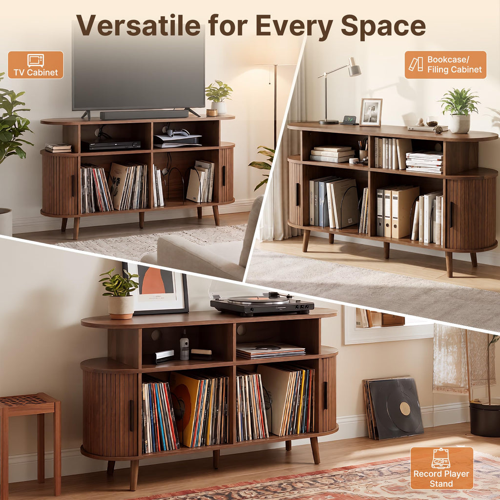 Large Record Player Stand with Storage and Charging Station, 55" Turntable Stand Vinyl Record Player Table Cabinet