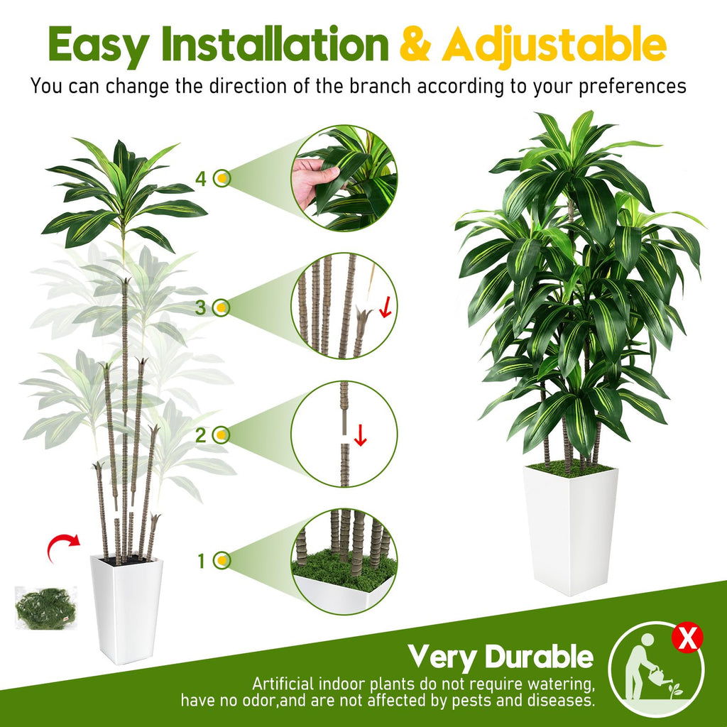 Artificial Dracaena Tree Indoor, 6FT Tall Fake Tree with White Tall Planter