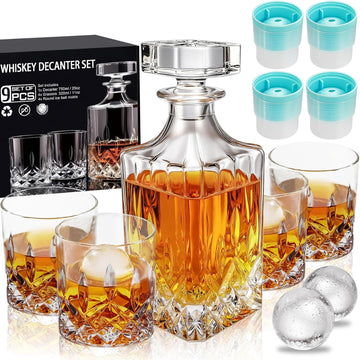 Whiskey Decanter Set for Men, 4*Crystal Whiskey Glasses(Get 4 Silicone Ice Mold Free), Lead-Free Decanter Set - Set of 9