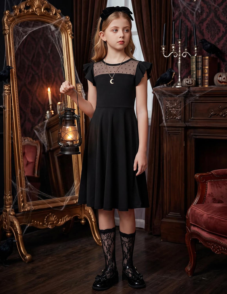 Girls Dress Summer Ruffle Sleeve Mesh A Line Casual Party Dresses with Pockets