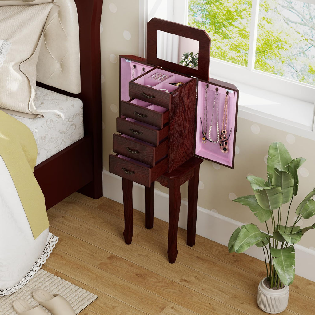 Standing Jewelry Cabinet with 4 Drawers, Flip Top Mirror, Walnut
