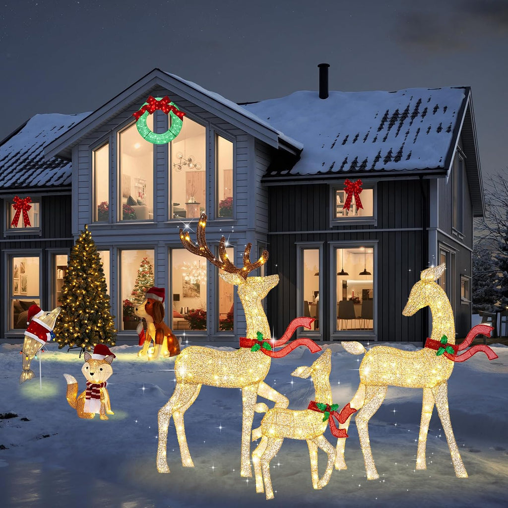 62" Reindeer Christmas Decor Outdoor, 3-Piece Lighted Reindeer Family-Gold