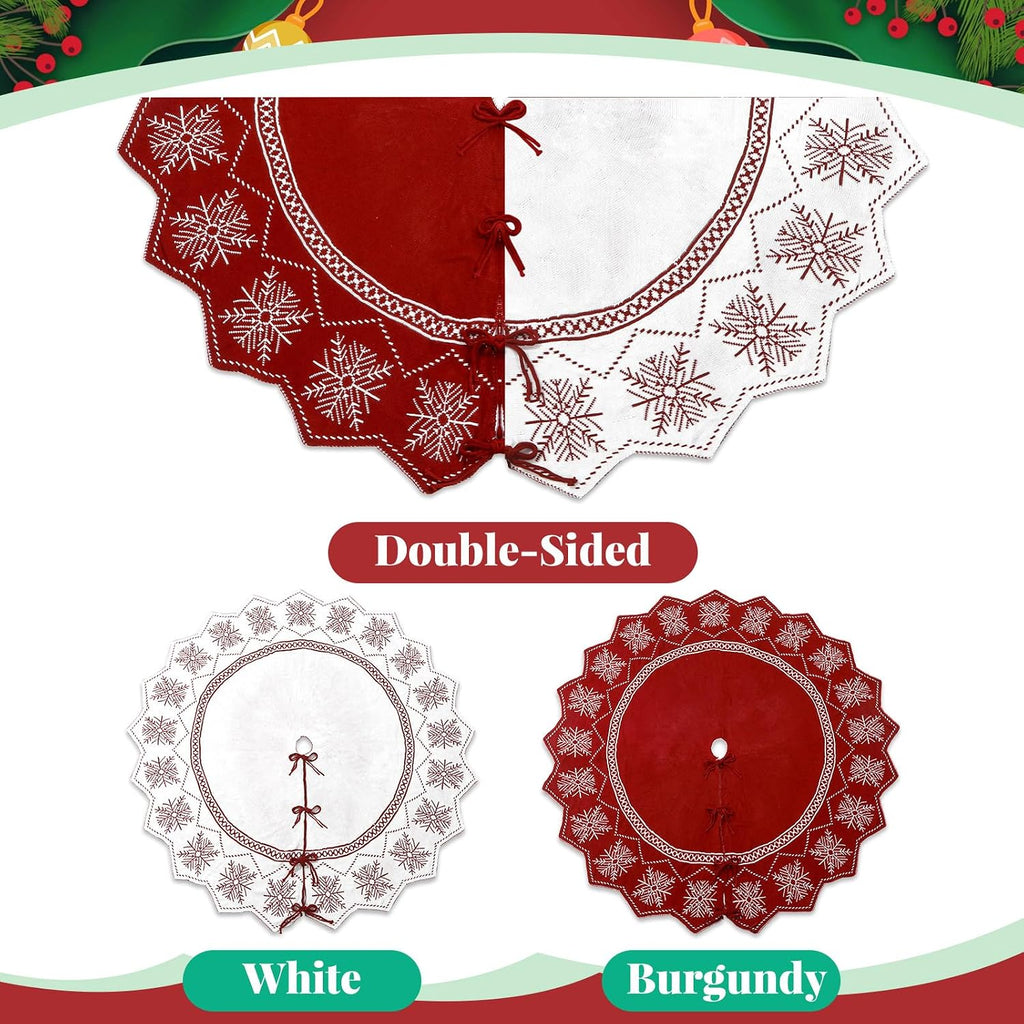 60inch Extra Large Christmas Tree Skirt Wavy Edged Reversible Knitted Tree Skirt Burgundy & Snowflake Pattern Thick