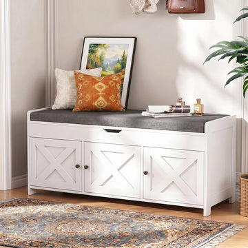 Shoe Storage Bench with Seating, Farmhouse Entryway Bench, White