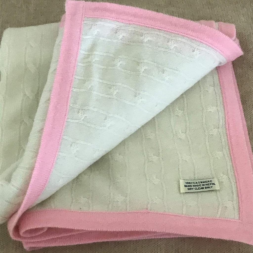 Ava Cashmere Cream/Candy Pink Baby Blanket. Boxed for Gifting