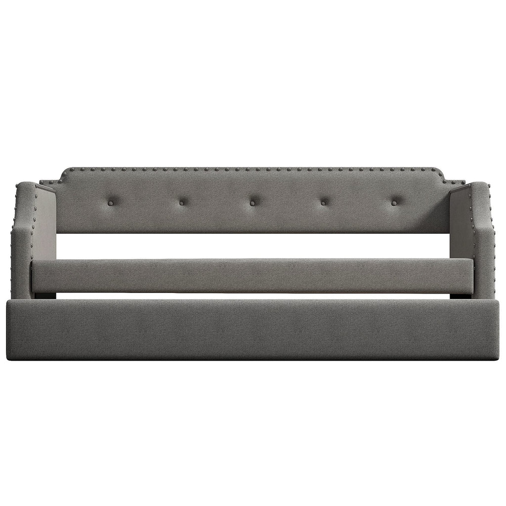 Twin Size Daybed With Trundle, Upholstered Modern Tufted Sofa Bed, Linen Fabric, Solid Wood Frame, Grey
