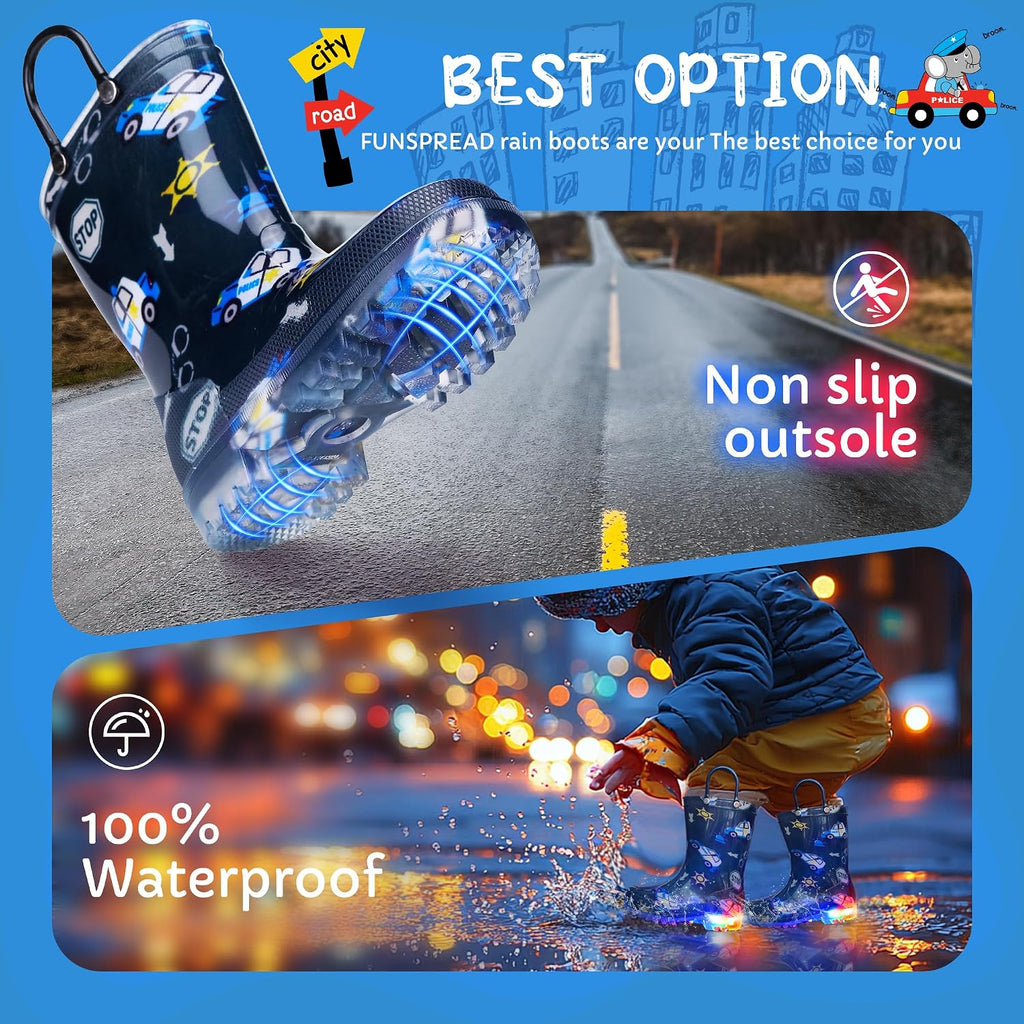 Toddler Rain Boots Boys Rain Boots - Patterns Light Up Kids Rain Boots with Easy-On Handles Lightwight Waterproof