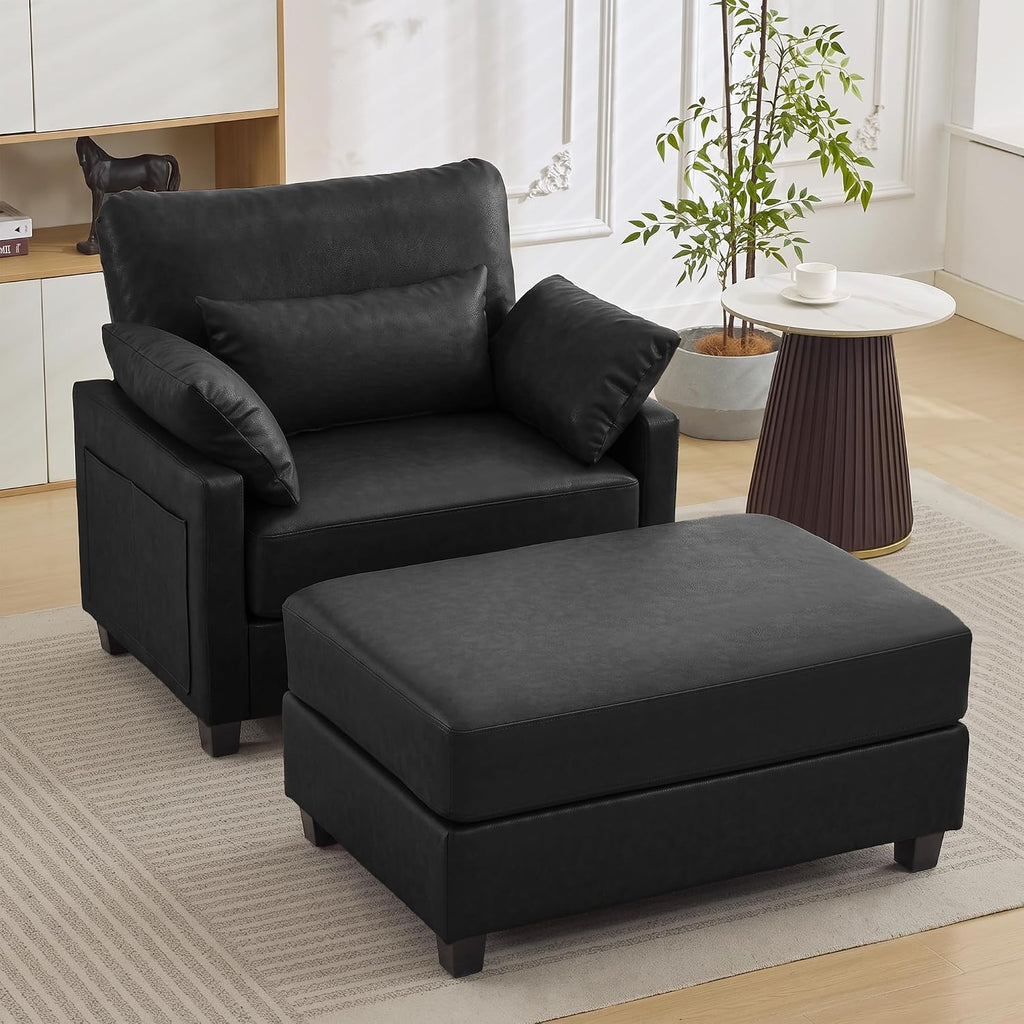 58" Oversized Faux Leather Chaise Lounge Chair Indoor, Mid Century Modern Accent Chair with Ottoman, Deep Seat Comfy