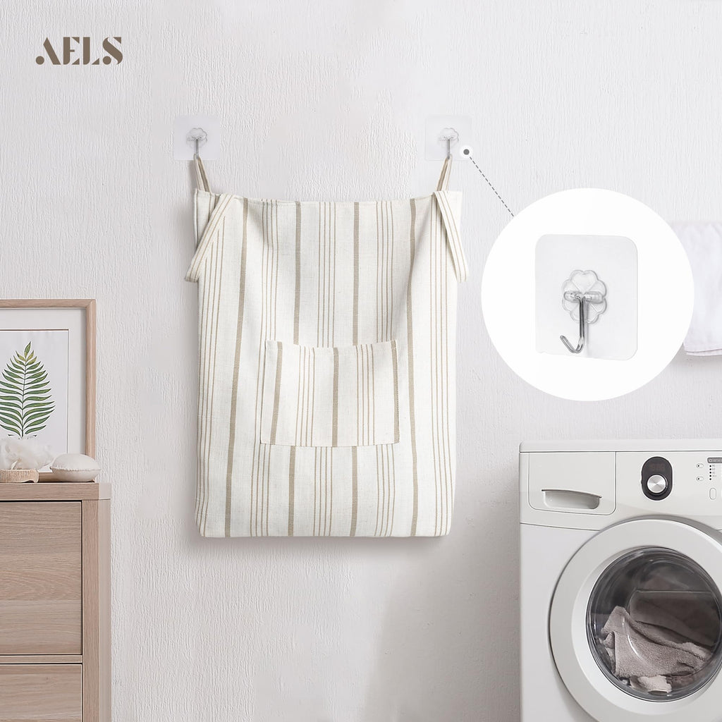 Farmhouse Hanging Laundry Hamper with 2 Hooks, Boho Beige & Light Brown Stripes Laundry Bag with Zipper & Wide Open