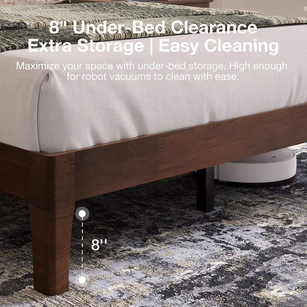 King Size Bed Frame with 3-Level Adjustable Storage Headboard, Solid Wood Platform Bed Frame with Slats, No Box