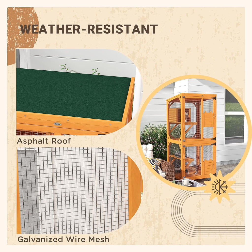 Wooden Catio with Waterproof Roof, Large Cat House with High-Up Resting Box, Indoor & Outdoor Cat Enclosure