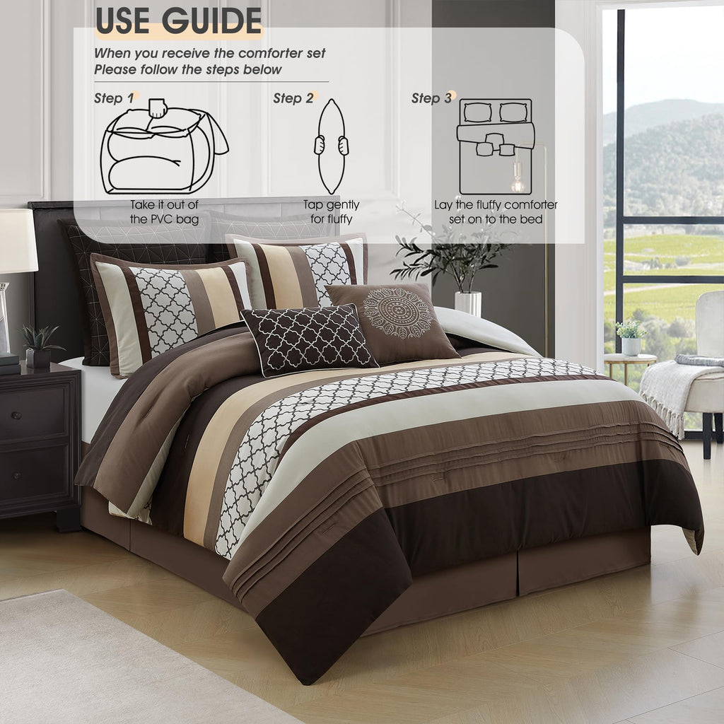 King Comforter Set, Brown Bedding Set, Jacquard Woven with Embroidery, 8 Pieces Bed in a Bag, Bed Skirt, Shams and