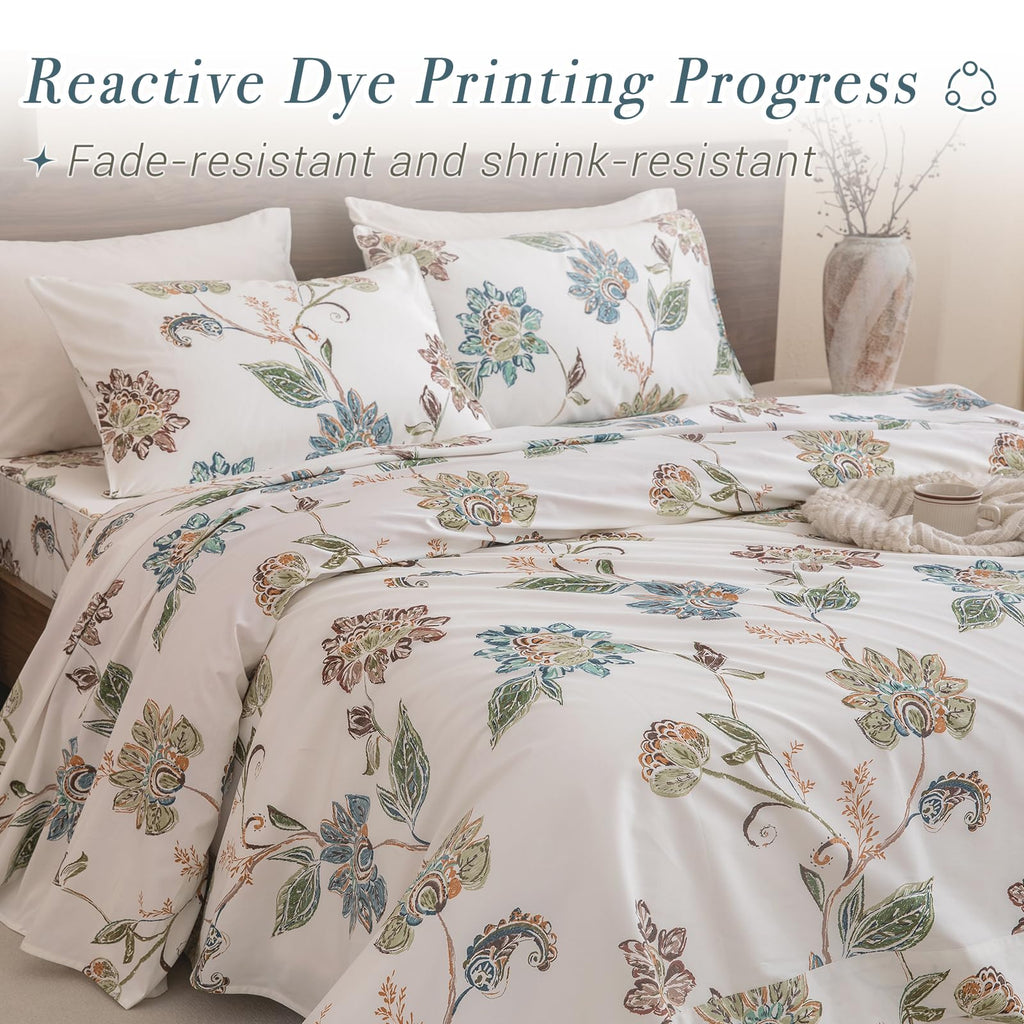 Boho Sheets Sets Percale Printed Sheets Queen Botanical Leaves Flower Pattern Printed Bed Queen Size