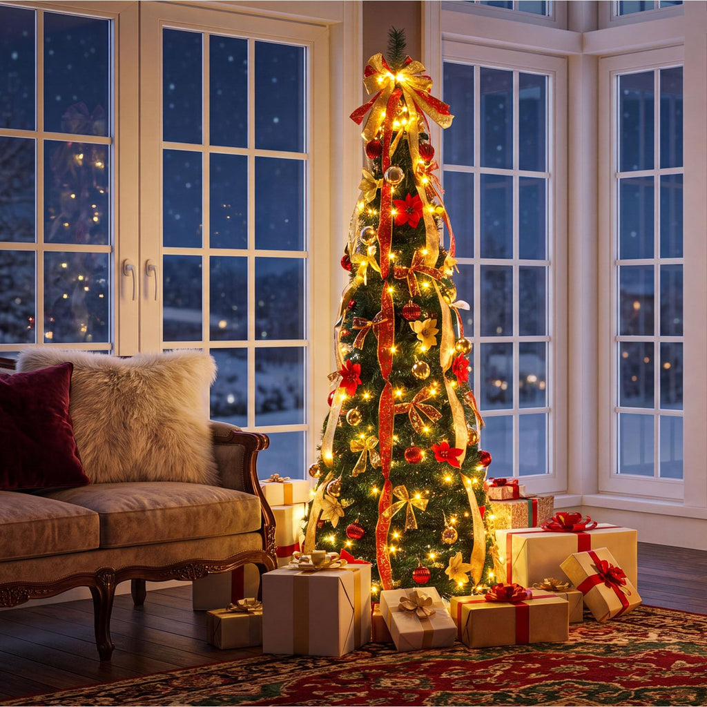 6ft Pre lit Pop Up with Lights, Pre-Decorated Artificial Pencil Xmas Tree Collapsible Holiday Party Decorations