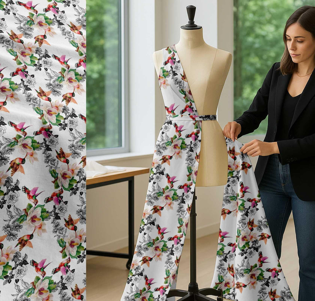 Cotton Poplin White Fabric - by The Yard - 42 Inch Wide - Hummingbird, Leaves & Flower Floral Textile - Playful and