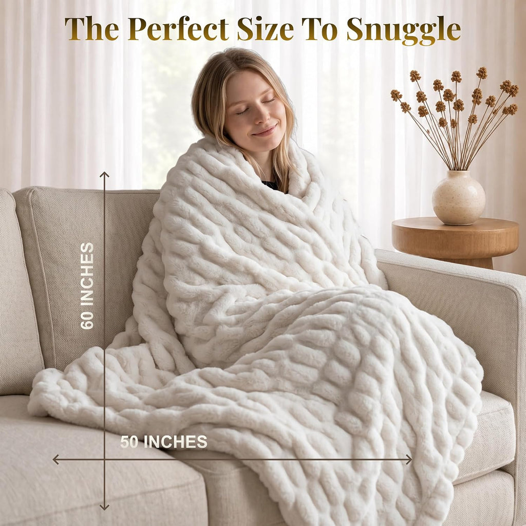 Luxury Faux Rabbit Fur Throw Blanket, Ultra Soft Double Sided Fluffy Plush Throw for Couch, Bed, Chair, Thick Warm