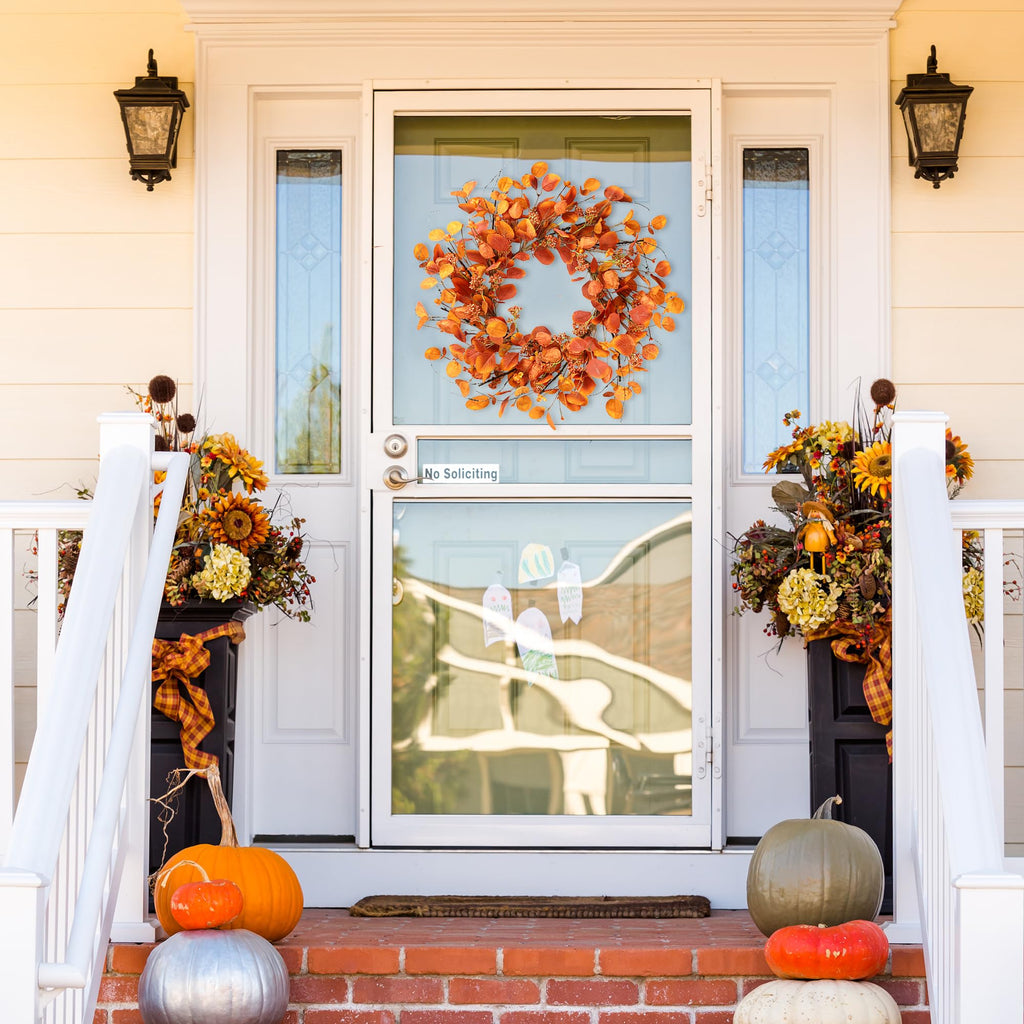 Fall Wreath 20'' Autumn Harvest Wreath with Eucalyptus Berries, Silk Orange Leaves, Cape Gooseberries for Outside