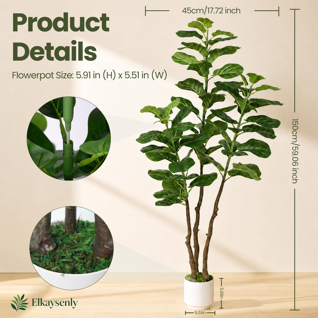 5FT Faux Fiddle Leaf Fig Tree with White Planter, Indoor Plant