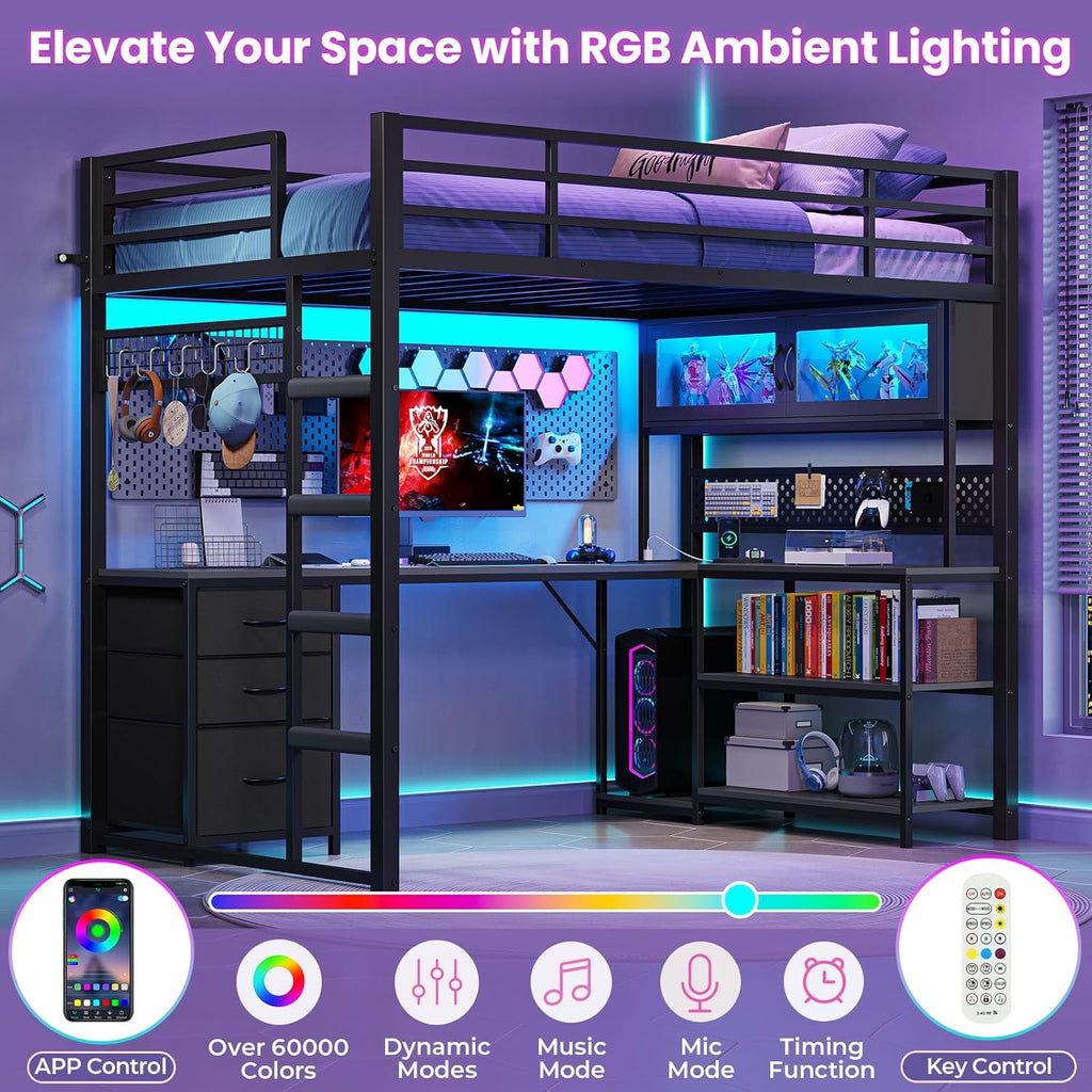 Twin Loft Bed with L-Shaped Gaming Desk, Storage Drawers & Hutch, Expanded Safety Power Outlet