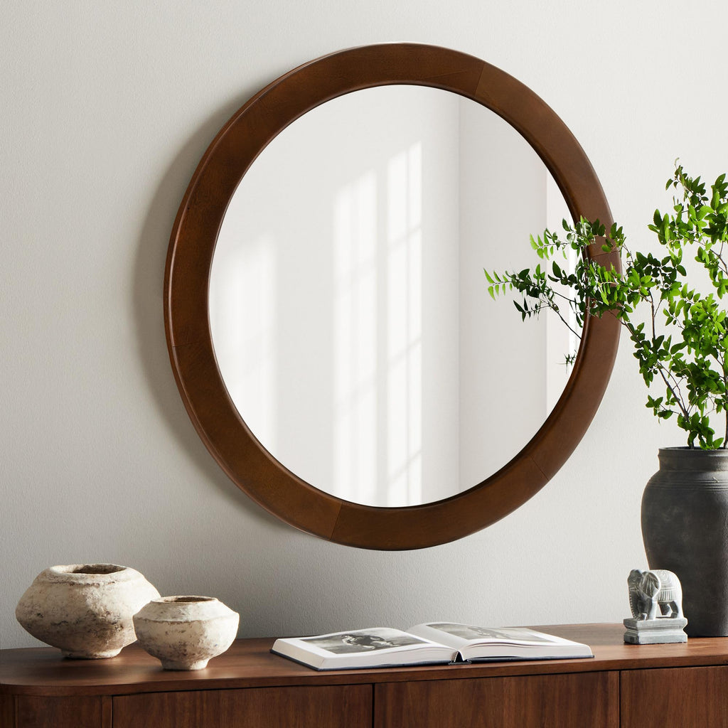 Round Mirrors 28 Inch,Wood Vanity Wall Rustic Mirror With Walnut Frame