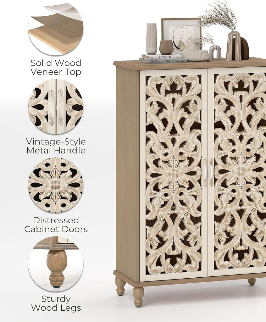 47" Tall Accent Cabinet with Carved Doors, White & Natural | Narrow Boho Farmhouse Sideboard with 3 Adjustable
