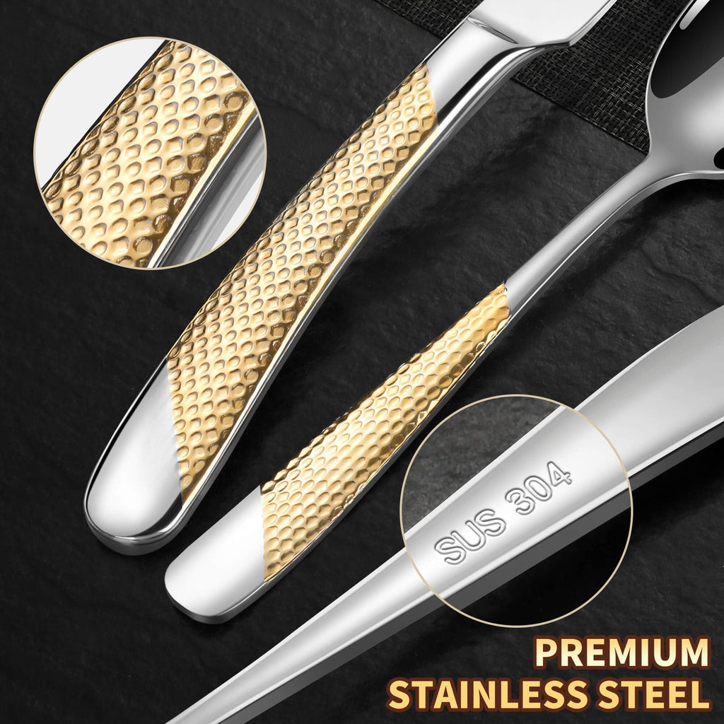 20-Piece Hammered Silver Gold Silverware Set for 4,18/10 Stainless Steel Flatware Set with Serrated Forged