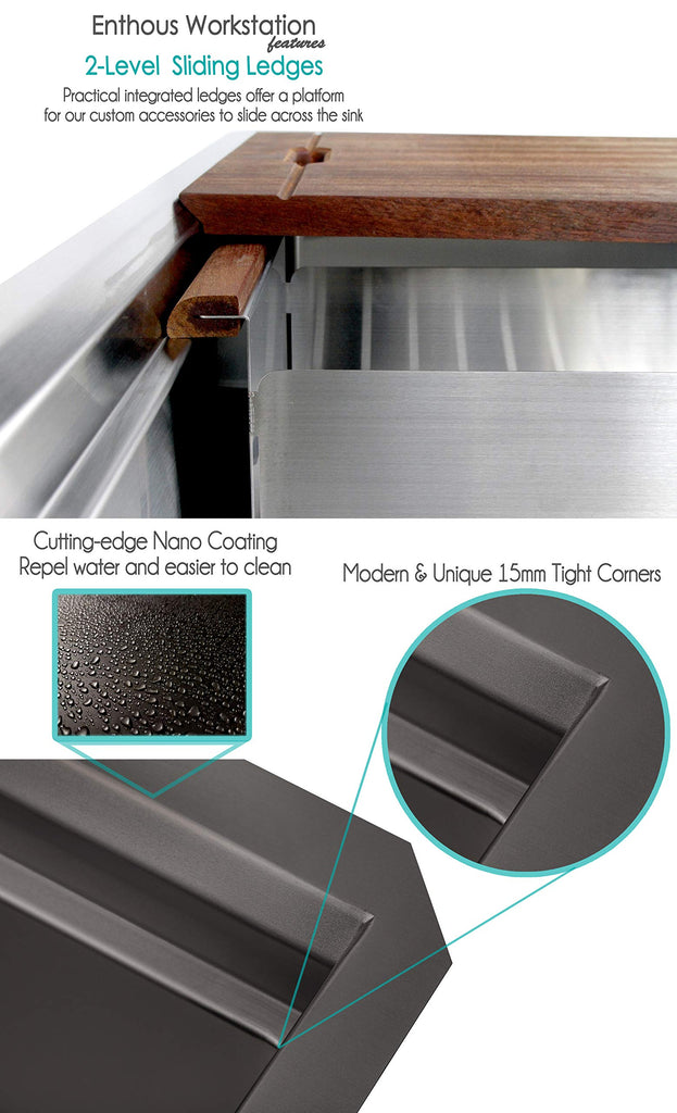 36 Inch Single Bowl Enthous Workstation Undermount 16 Gauge Nano Black Stainless Steel Kitchen Sink w/Integrated