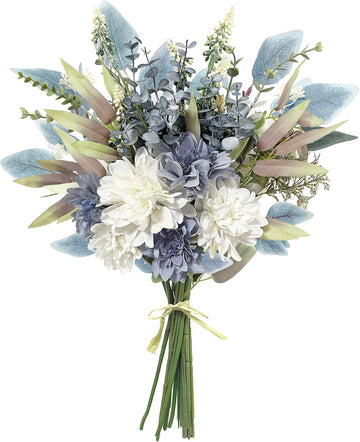 Blue White Fake Artificial Flowers Bouquet, Silk Floral Arrangements - Set of 11