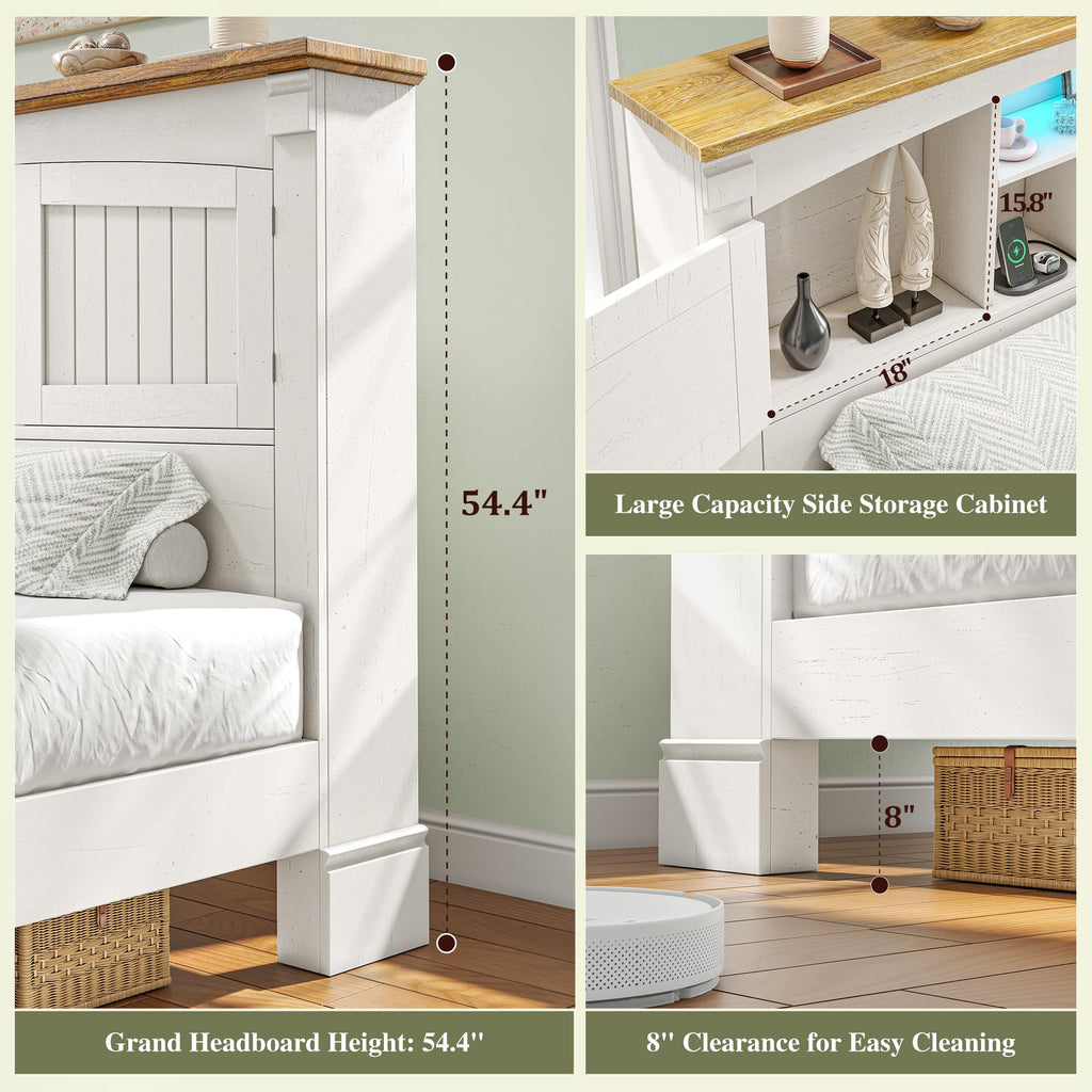 Farmhouse Bed Frame with Storage Headboard & Charging Station