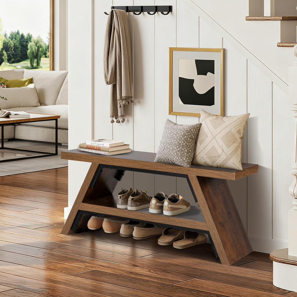 2-Tier Shoe Storage Bench, 40" Solid Wood Entryway Stool Storage