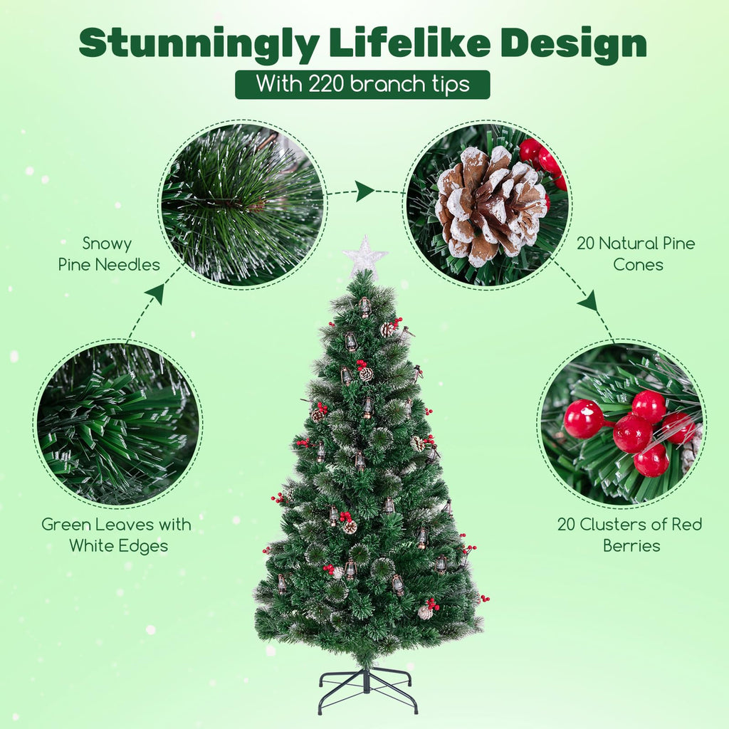 6 FT Pre-lit Fiber Optic Christmas Tree, Artificial Xmas Tree with 220 Branch Tips, 30 Retro Kerosene Lamps, Treetop