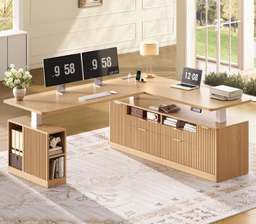 Fluted L Shaped Executive Electric Standing Desk with 4 Drawers