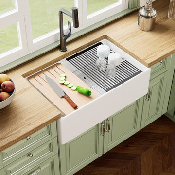 Farmhouse Kitchen Sink Workstation 33 inch White Fireclay Apron Front Farm Sinks Single Bowl Deep Drop-in Undermount