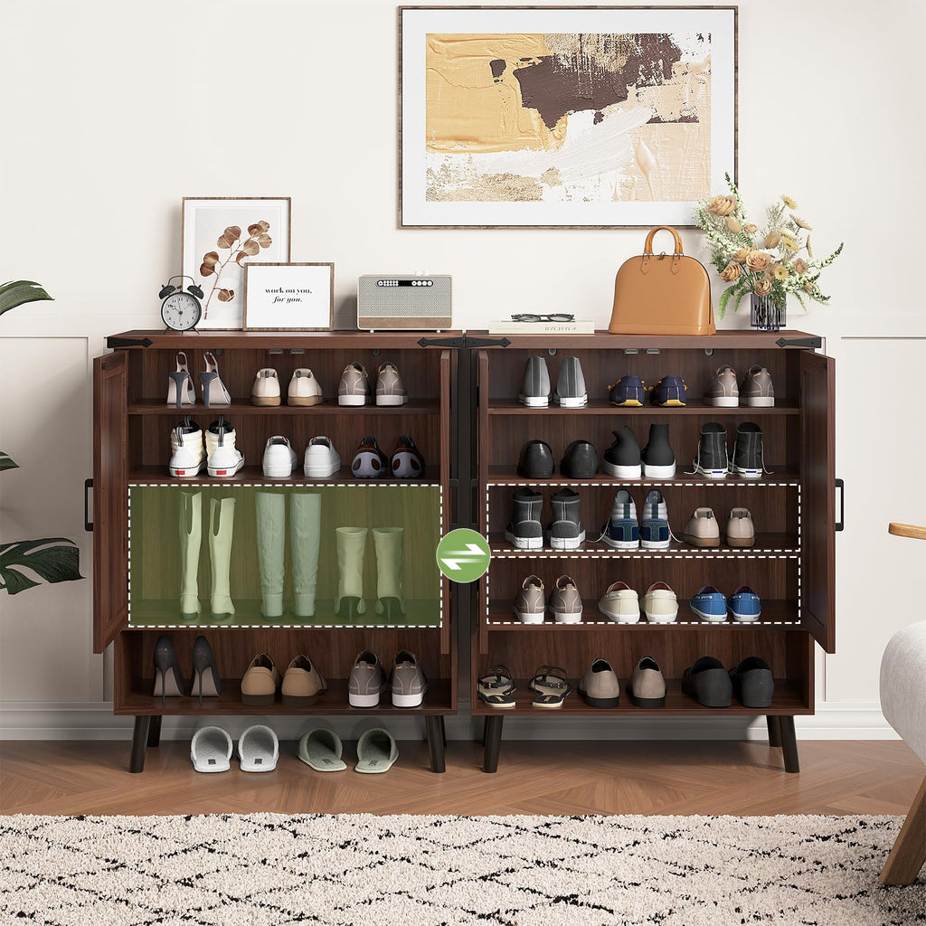 34" Tall Farmhouse Shoe Storage Cabinet with Barn Doors, Walnut