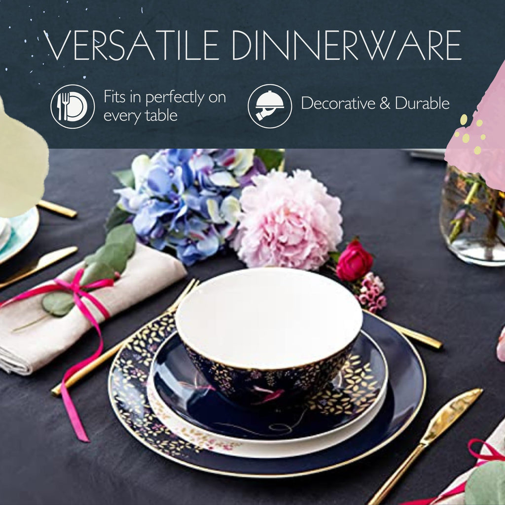 Chelsea 12 Piece Dinnerware Set - Fine China Plates & Bowls Featuring Vibrant Birds & Floral Art for Afternoon Tea or