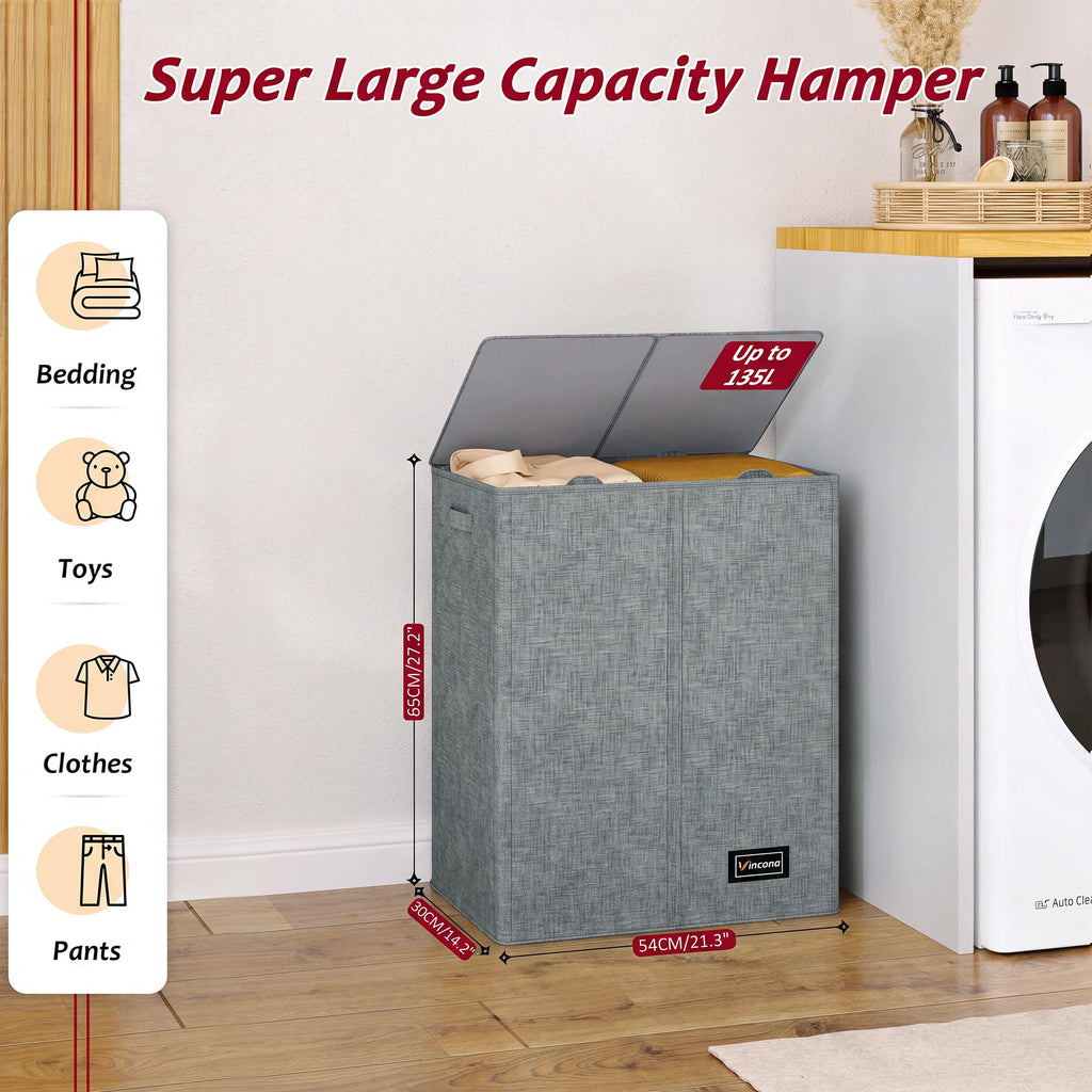 135L Laundry Hamper 2 Section, Large Laundry Hamper with Lid, Dirty Clothes Hamper with 2 Removable Inner Bags