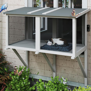46.85" L Cat Window Box, Wooden Cat Window Enclosure for 1-3 Cats, Window Catio Outdoor Enclosure for Indoor Cats, Keep