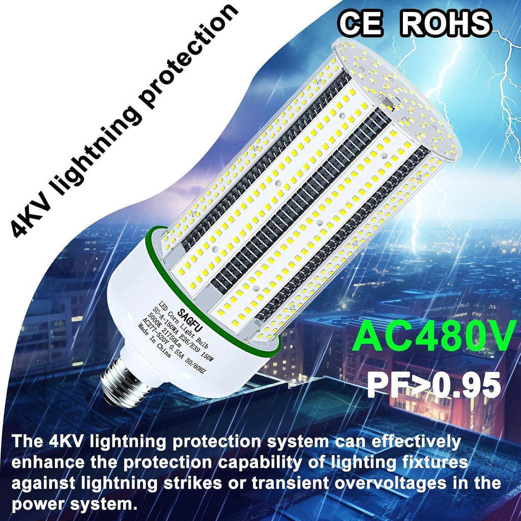 480V LED Corn COB Light Bulb 150W,LED Corn Bulb 5000K Daylight White,1-Pack 1500W Equivalent,21000 Lumens Super