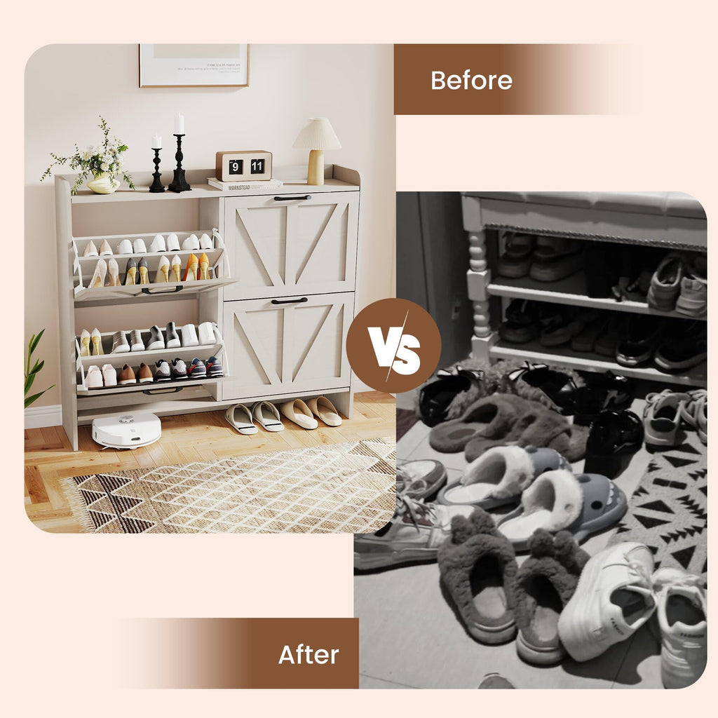 Farmhouse Shoe Storage Cabinet with 4 Flip Drawers, Shoe Rack Cabinet with Wooden Legs&Adjustable Shelves