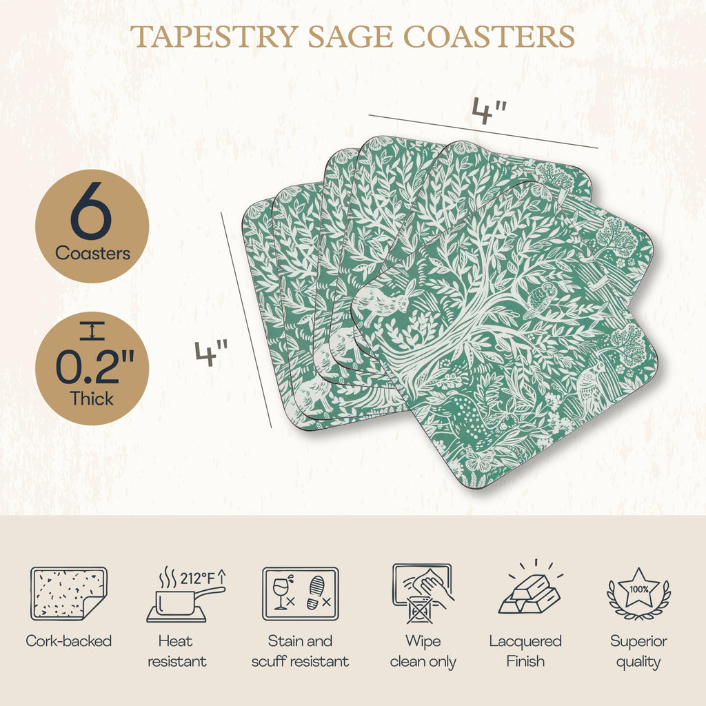 Tapestry Sage Cork-Backed Drink Coasters - Set of 6