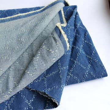 12oz Sky Blue Washed Denim Fabric, Non-Stretch Denim Material, Jacquard Geometric Check Prism Pattern, 420gsm 100%