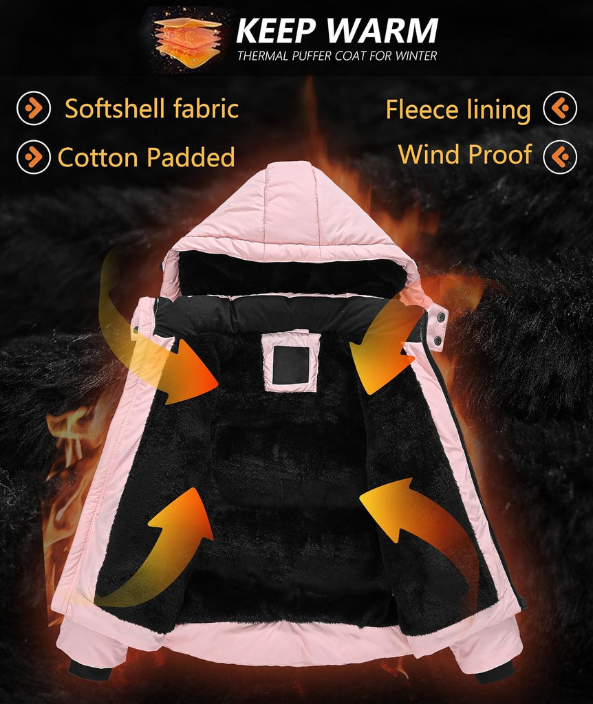 Winter Coat Warm Fleece Thermal Padded Jackets with Detachable Hood Outdoor Puffy Jacket with Zip Pockets