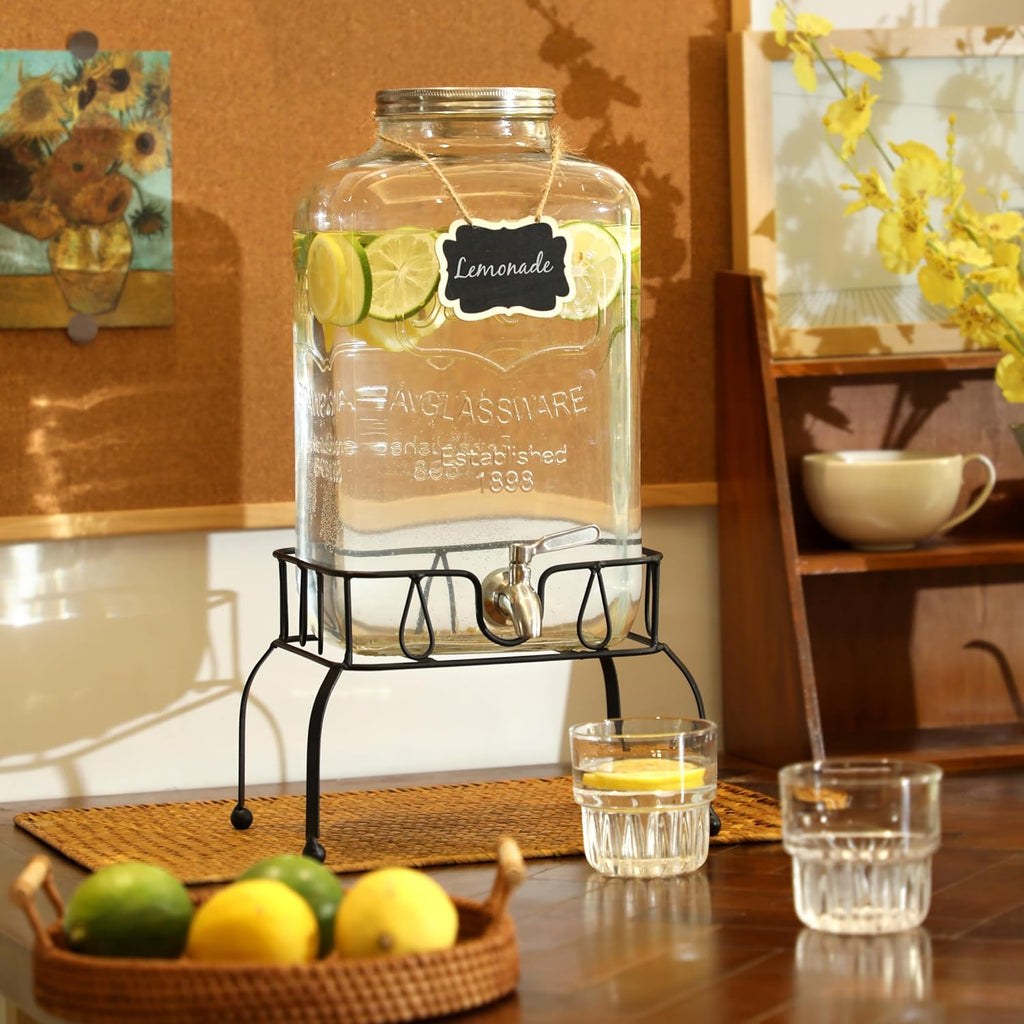 2 Gallon Glass Drink Dispenser with Stand, Stainless Steel Leakproof Spigot and Lid, for Parties, Water Beverage