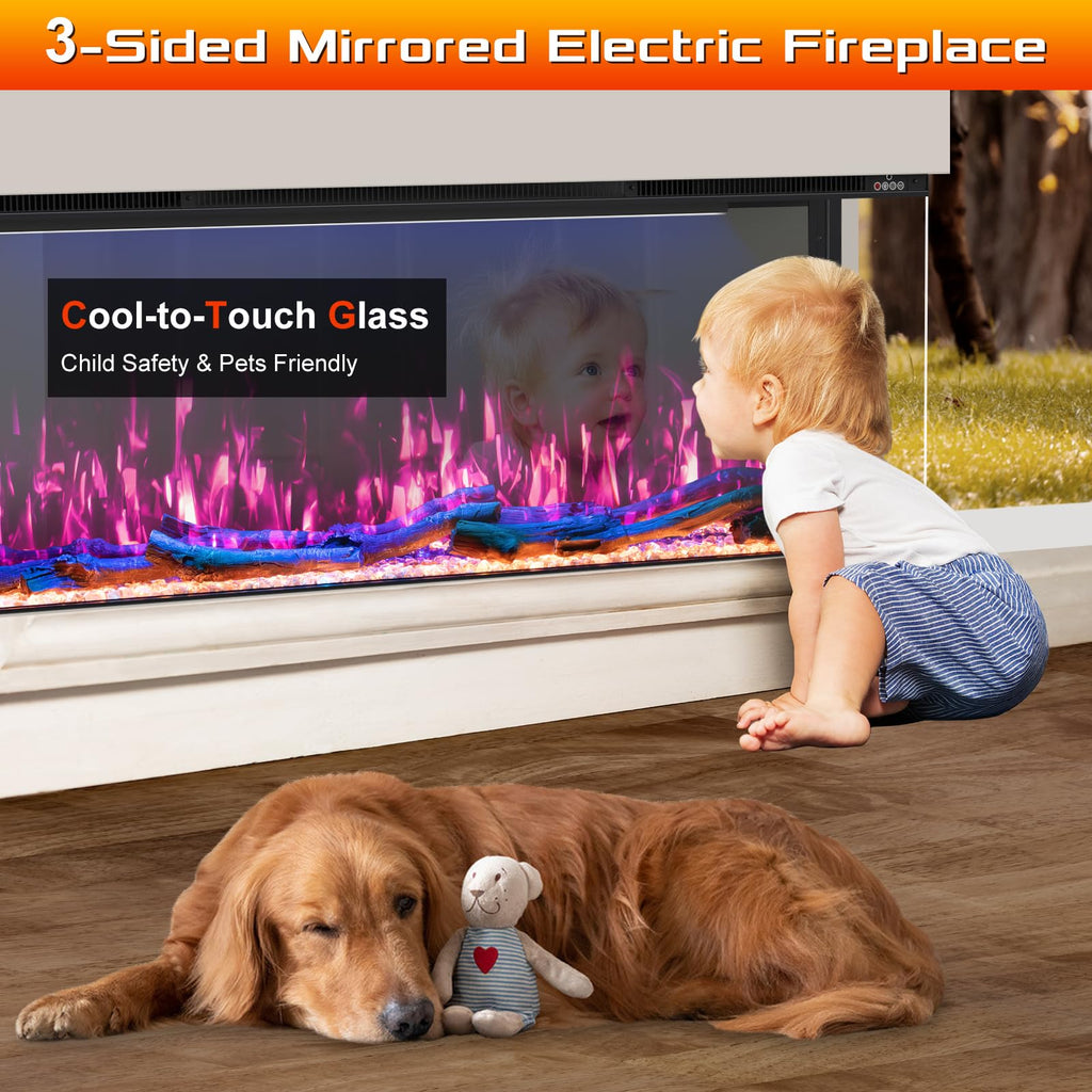 80 inch 3 Sided 3D Mirrored Electric Fireplace Inserts, Smart WiFi Built-in Linear Fire Place Heater 1500/750W with
